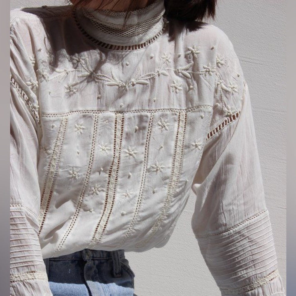 Maria Stanley Cynthia Blouse - Edwardian embroidered high neck white small